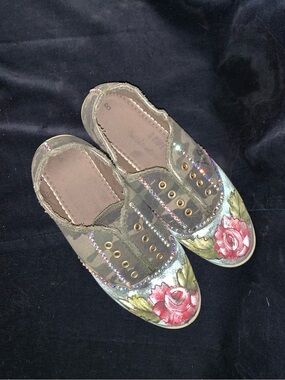 Time and Tru Olive Green Camo Slip-On Sneakers with Pink Rhinestones
